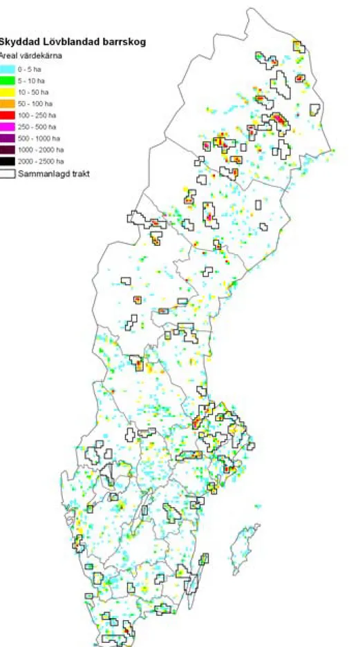 Figur 6.32 Areal strikt skyddad lövblandad barrskog inom naturreservat och nationalparker  per ekoruta samt förslag till värdetrakter för skogstypen