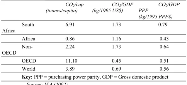 Table 3: Fuel combustion carbon dioxide emissions intensity and per  capita, 2000  CO 2 /cap (tonnes/capita)  CO 2 /GDP(kg/1995 US$)  CO 2 /GDPPPP (kg/1995 PPP$)  South Africa 6.91 1.73 0.79  Africa 0.86  1.16   0.43    Non-OECD 2.24  1.73   0.64   OECD 11