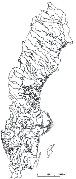 Figur 2. Utbredningen av ﬂ odpärlmussla i Sverige som den var känd 2003. En markering kan 
