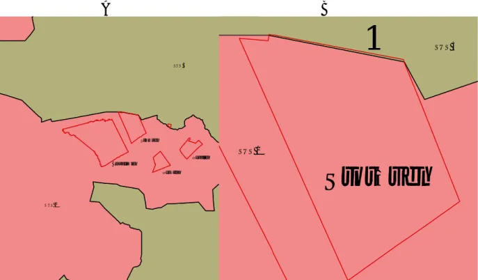 Figur 7. Exempel på hur ett objekt går över en regiongräns. Bild B är en förstoring av bild A över 