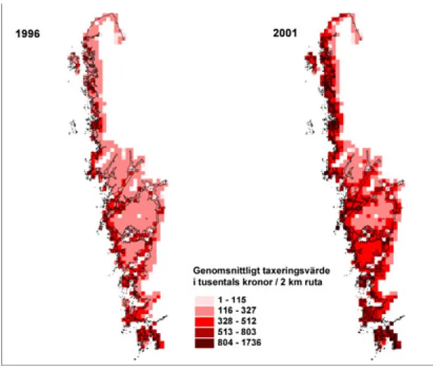 Figur 3.   Genomsnittligt taxeringsvärde/2 km ruta 1996 och 2001 i Västra Götalands  kust- och skärgårdsområden