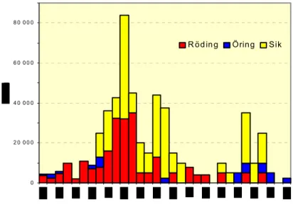 Figur 5. Utsättningar av röding, öring och sik i fisktomma fjällvatten runt Torneträsk   under perioden 1933-1963