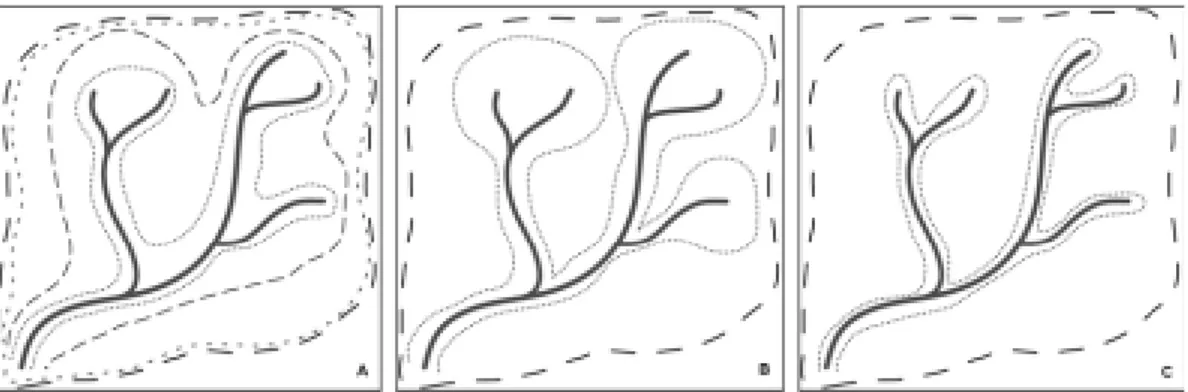 Figur 1.  Tre modeller för avgränsning av områden med syftet att skydda sötvattensmil- sötvattensmil-jöer a) zonering med starkast skydd nära vattenmiljön b) skydd av större  area-ler i källområden och smalare skyddszon nedströms c) generella skyddszoner  