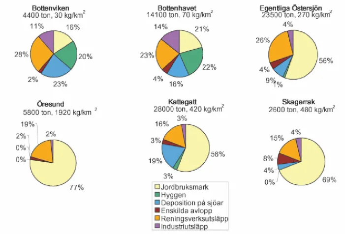 Figur 28. Källfördelning av antropogen nettobelastning av kväve (%) till de olika havsbassängerna
