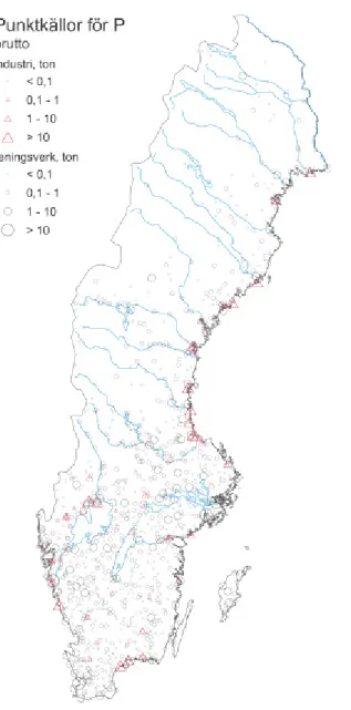 Figur 37. Position och mängd utsläpp av fosfor (brutto) från reningsverk och industrier, ton/år