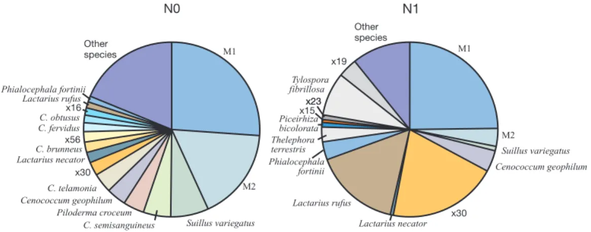 Figure 5.6. Changes in the species composition of mycorrhizal fungi on fine roots of Scots pine in the Norrliden experiment