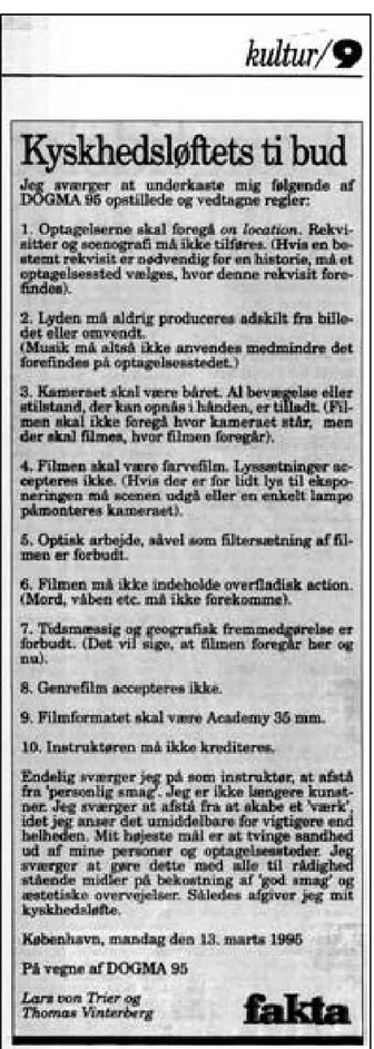 Figur 5. DOGME-teknikens tio regler (Politiken, 19 maj 1998).