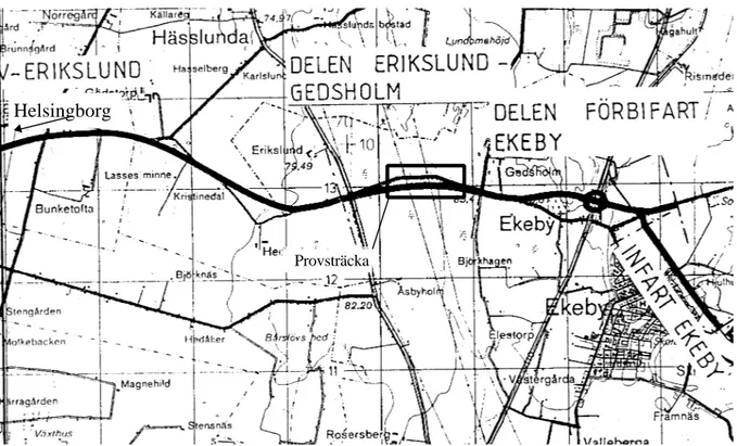Figur 4.1 Karta över väg 109 väster om Ekeby, skala 1:50 000. Prov- och referens-