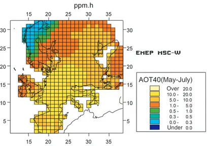 Figure 2.2. Ozone exposure in Europe, expressed as AOT40 (ppm-hours; 1 ppm = 1000 ppb) over the period May to July, modelled values for 1989–94