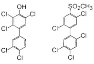 Figure 5.6. Structure of PCB, position no- no-menclature and two examples of PCB congeners i 3.3’4.4’-tetra-chlorobiphenyl (CB-77) and  2.2’4.4’5.5’-hexachlorobi-phenyl (CB-153) (Ball-Schmiter et al., 1993).