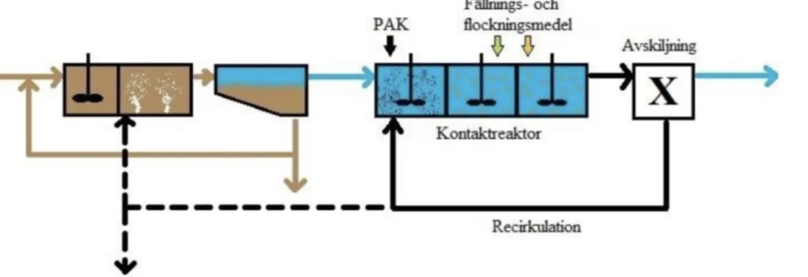 Figur 1. Generell lösning för hur PAK kan tillsättas till en kontaktreaktor i ett kompletterande steg,  där X motsvarar en separationsprocess för avskiljning och recirkulation av PAK (4)