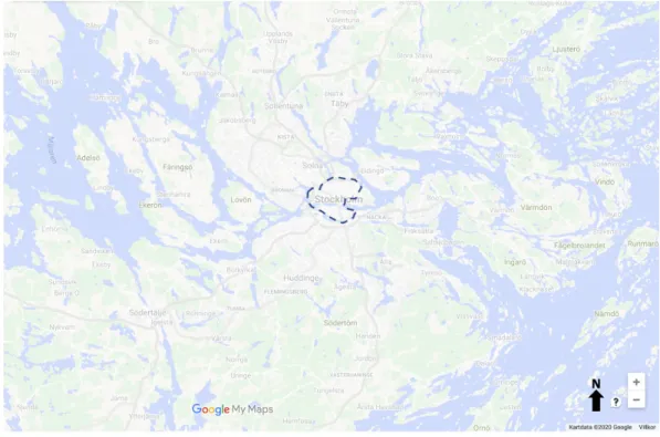 Figur 2: Utzoomning över området för att tydligt illustrera var i världen undersök- undersök-ningen görs [Google Maps (Kartograf), 2020]