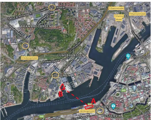 Figure 1: Map of Gothenburg. Red and yellow shows critical parts of cable car. (Google, n.d.)
