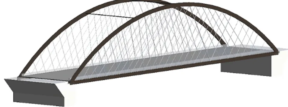 Figur 5: Modell av bågbro med överliggande båge och dragband i stål