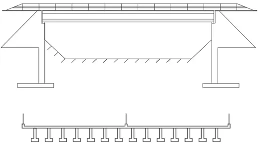 Figur 7. Skiss av koncept 3, prefabricerad balkbro med förspänd betong. Författarens egna figur