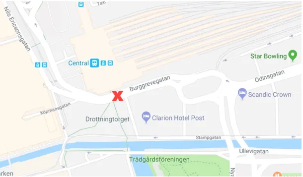 Figur	
  9:	
  Kameraplacering	
  vid	
  Drottningtorget	
  (Google	
  maps,	
  2018).	
  