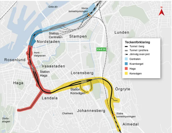 Figur	
  1:	
  Västlänkens	
  utbredning	
  genom	
  Göteborgs	
  innerstad	
  (Trafikverket,	
  2017a).	
  