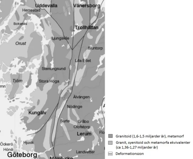 Figur 2.1 Karta över Göta älvdalens berggrund med tillhörande teckenförklaring (SGU, u.å.)