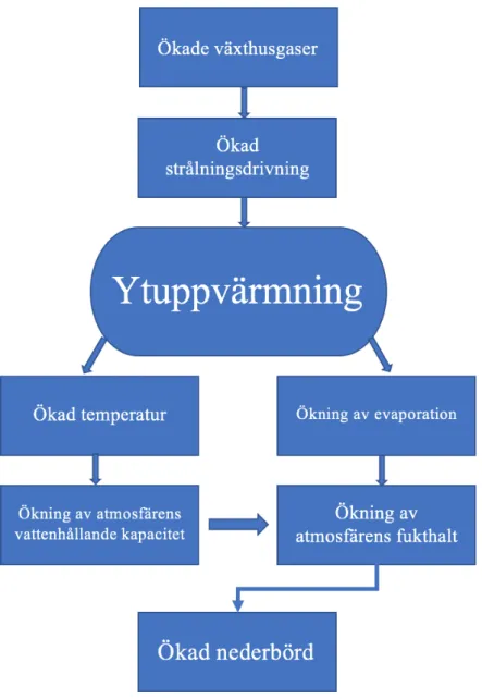 Figur 2.6 Schematisk bild över hur ökade växthusgaser i atmosfären leder till ökad nederbörd