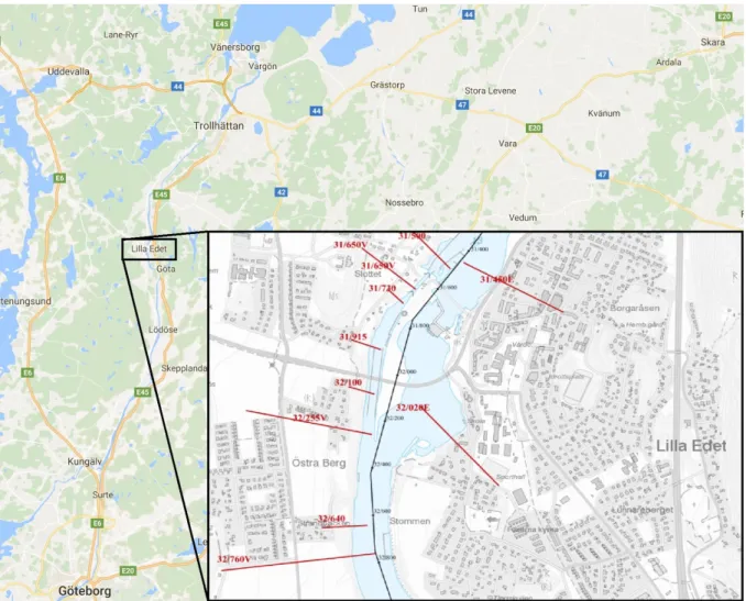Figur 1.1 Karta över Västsverige (Google Maps, u.å.a)) med en förstoring över Lilla Edet där den valda  sektionen 32/760 är markerad längst ner t.v