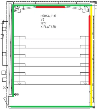 Figur 3.3: Ritning ¨ over SB-H5 med gr¨ on markering f¨ or innerv¨ aggar, gul f¨ or f¨ onster och r¨ od f¨ or radiatorer.