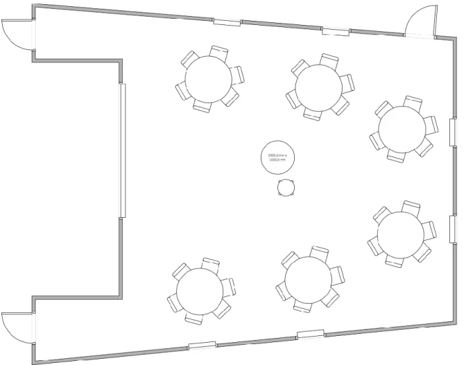 Figur 4.9. Skiss med förslag på bordsplacering i en ALC-sal på Göteborgs universitet  (Eriksson &amp; Petersson, 2016, sida 10