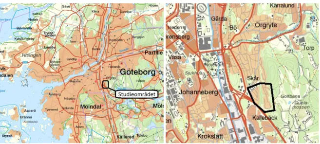 Figur 3.1 Bilden till vänster är en översiktlig karta över Göteborg och bilden till höger är en mer detaljerad  karta över Örgryte
