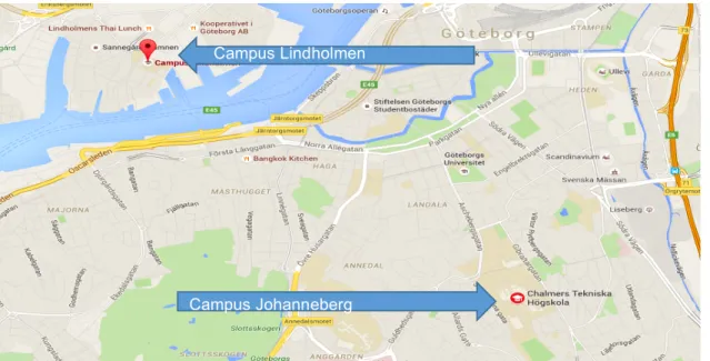 Figur 1: Karta över Campus Johanneberg, beläget i centrum, och Campus Lindholmen, Hisingen 