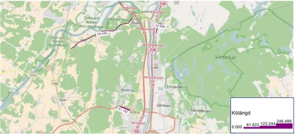 Figur 8: Karta över Angeredsbron och Jordfallsbron i dagsläget med beräknad köbildning 