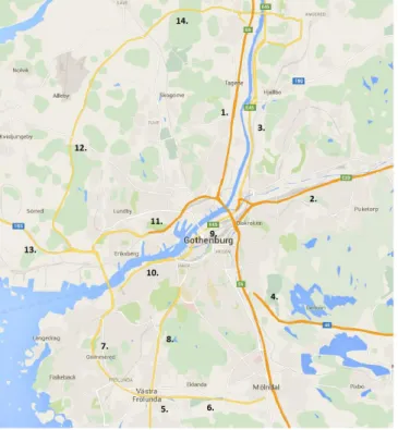 Figur 2 Översiktsbild över trafikleder i Göteborgsområdet 1. E6, 2. E20, 3. E45, 4. Riksväg 40, 5