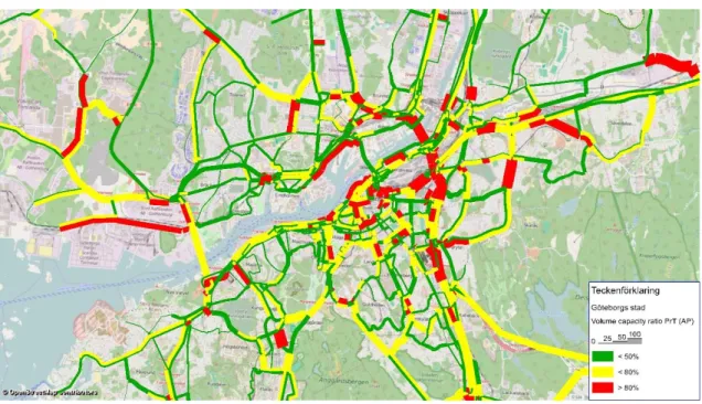 Figur 3 Modellgenererad bild som visar belastningsgrad för vägar i biltrafiknätet (Bild från PTV Visum,  nulägesmodell) 