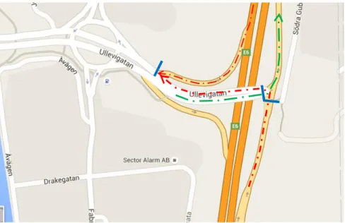 Figur 7 Kartbild över Ullevimotet, blå markering visar trafiksignaler, grön visar påfart mot E6N och röd visar avfart  från E6S (Google, 2016)