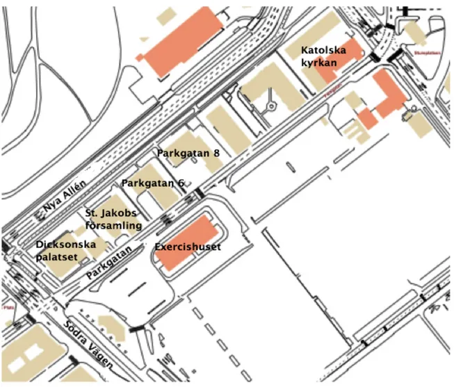 Figur 2 - Karta över K-märkta byggnader kring Heden. 