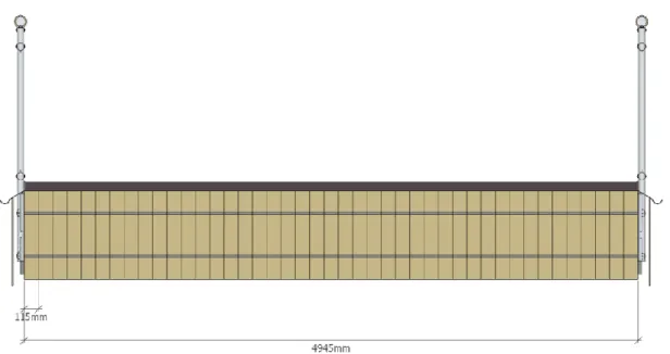 Figur  7.2.  Överbyggnadens  tvärsnitt  bestående  av  43  stycken  limträbalkar  tvärspända  med  dubbla 
