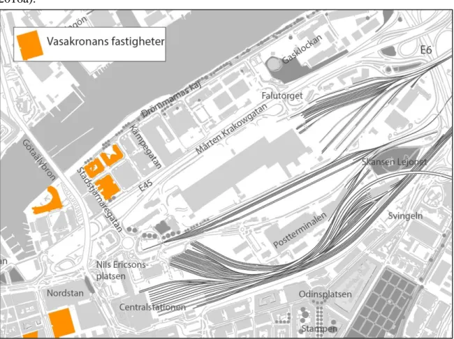 Figur 2 Karta över Vasakronans fastigheter i området (egen modifikation utifrån Göteborgs Stad 2015a)