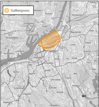 Figur 5 Karta som pekar ut Gullbergsvass i Göteborg (egen  modifikation utifrån hitta.se 2016)