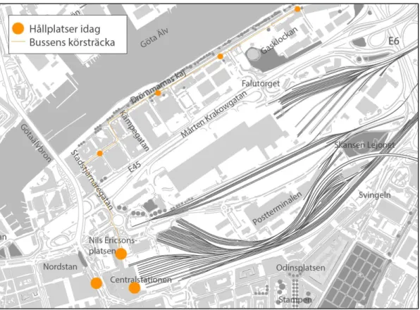 Figur 13 Dagens busshållplatser och körsträcka för buss (egen modifikation utifrån Göteborg 2015a).
