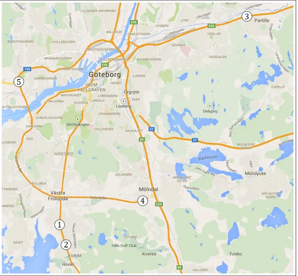 Figur 6.1: Karta över respektive skärms geografiska placering (Google Maps, 2015)