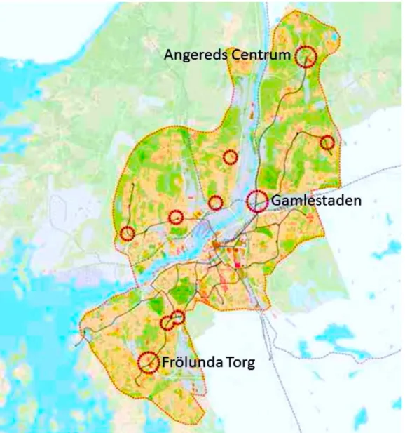 Figur  1  –  Geografisk  avgränsning  för  mellanstaden,  knutpunkter  och  bytespunkter  är  markerade  med  röda ringar (Göteborgs Stad, 2014:1, s.20)