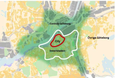 Figur 3 – Skiss över de fyra stadsområdena. Etableringskravet på antal parkeringsplatser är  stigande utifrån ”City” (Stadsbyggnadskontoret, Trafikkontoret, 2011, s