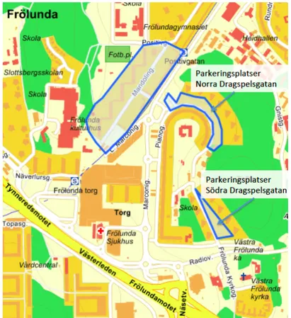 Figur 7 – Illustration över vart Norra och Södra Dragspelgatans parkeringar är placerade i förhållande  till  projekt  Mandolingatan  projektet  (Kartbild  från  www.eniro.se,  redigerad  av  F
