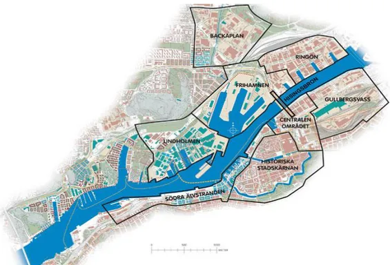 Figur 1. De åtta områden Älvstaden är uppdelad i (Göteborgs stad, u.d.).  	
  	
  	
  	
  	
  	
  	
  	
  	
  	
  	
  	
  	
  	
  	
  	
  	
  	
  	
  	
  	
  	
  	
  	
  	
  	
  	
  	
  	
  	
  	
  	
  	
  	
  	
  	
  	
  	
  	
  	
  	
  	
  	
  	
  	
  	
