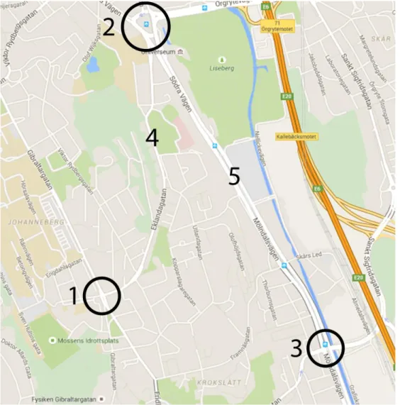 Figur  5:  Gibraltarkorsningen  (1),  Korsvägen  (2),  Sankt  Sigfridkorningen  (3),  Eklandagatan  (4),  Mölndalsvägen (5)