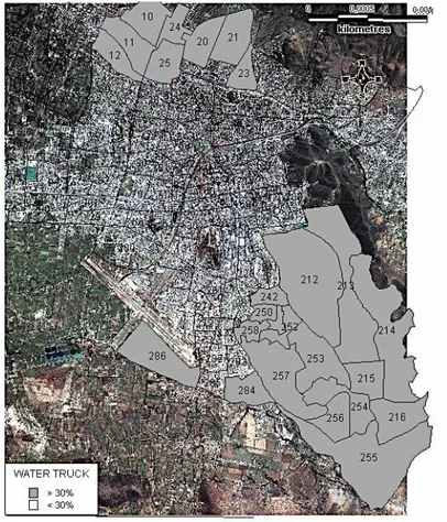 Figure 5: Map over  Cochabamba and the areas of which people get their water delivered by truck,  marked with grey