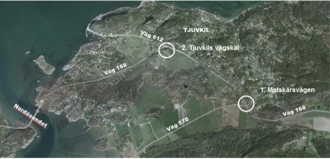 Figur 10: Figuren visar en översiktsbild av den studerade vägsträckan och de två större korsningspunkterna längs sträckan är 