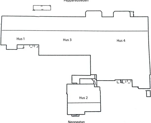 Figur 5.1 Fastighetens indelning i de olika huskropparna (Kungsleden, 2014) 