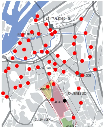 Figur 7 - Karta som visar på dagens placering av Styr &amp; Ställ-stationer.  Modifierad bild från (Andersson, 2012) 
