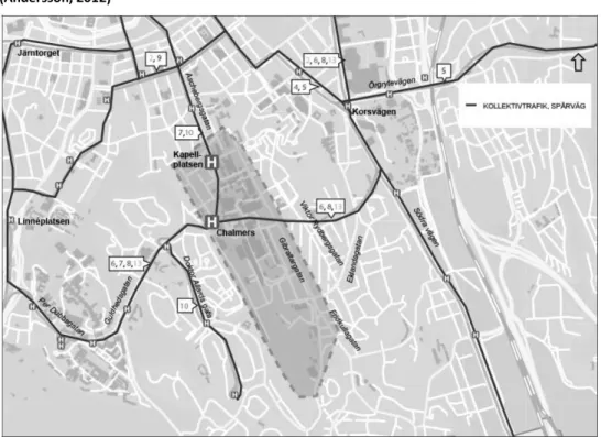 Figur 8 - Karta över spårvagnslinjer omkring programområdet samt hållplatslägen. Modifierad  bild från (Andersson, 2012) 