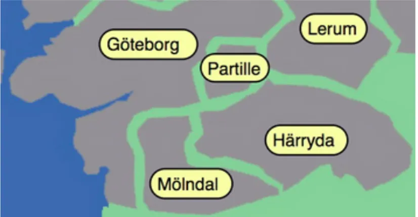 Figur 6. Karta som illustrerar Mölndals läge i förhållande till omgivande kommuner (Hela Sverige  2013)  