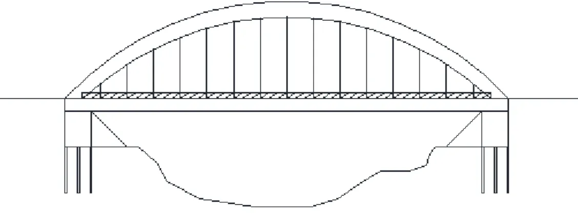 Figur 26: Skiss från sidan på Brokoncept 5, langerbalkbro i trä med längs- och tvärgående balkar i stål och brobana i  betong